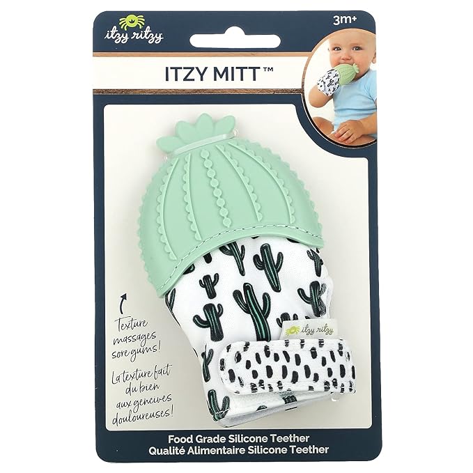 Itzy Ritzy Silicone Teething Mitt - Soothing Infant Teething Mitten with Adjustable Strap, Crinkle Sound & Textured Silicone to Soothe Sore & Swollen Gums 3 Mos