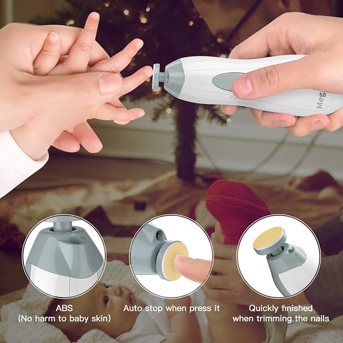 Baby Nail Trimmer Electric Baby Nail File with LED Light 10 Grinding Heads Baby Nail Clippers Safe Quiet Nail Care Kit for Newborn Toddler Kids Toes Fingernails Battery Operated (Not Included) - Grey