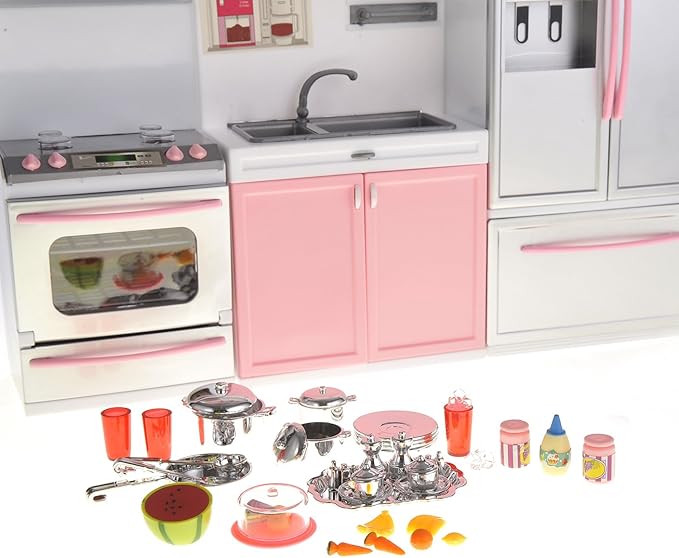 PowerTRC Doll Kitchen Play Set, Mini Modern Toy Pink Kitchen Pretend Play Furnitures Toy Set Accessories Set with Realistic Light & Sound for Kids Toddlers Girls (3-in-1)