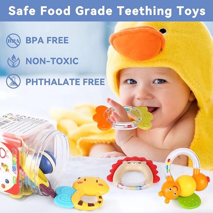MOONTOY Baby Rattles Teether Set Toys for 0 1 2 3 4 5 6 7 8 9 10 11 12 9PCS Baby 0-3-6-12 Month