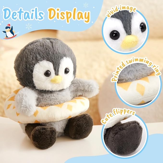 Houwsbaby 8" Cuddly Penguin Stuffed Animal,Penguin Plush Toy with Yellow Swimming Circle