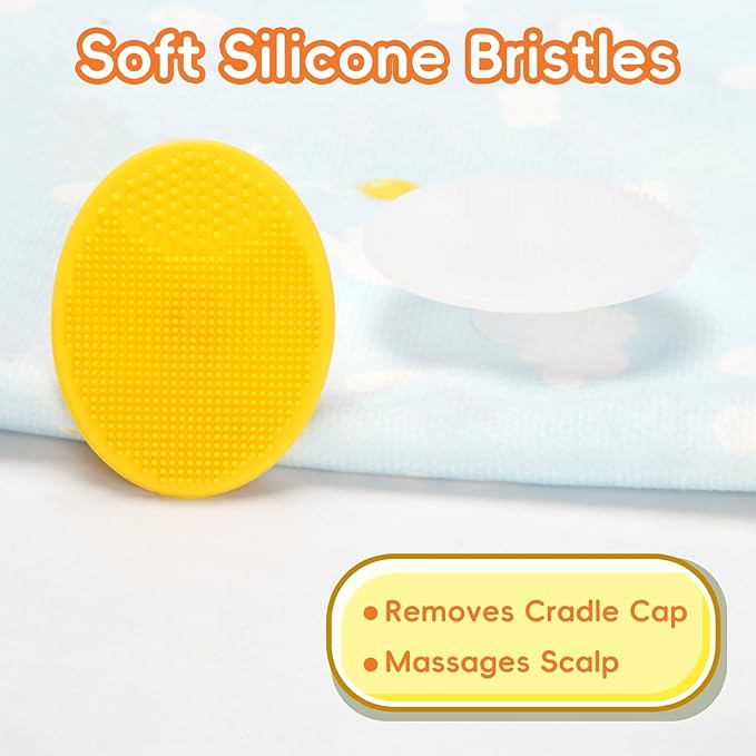 Cradle Cap Brush for Babies, Set of 5 Baby Bath Essentials with Bath Sponge Silicone Scrubber Long Handle Comb for Newborns Toddlers Boys Girls (Orange)