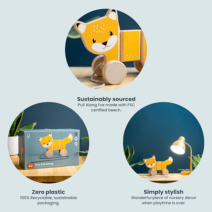 Bigjigs Toys FSC Certified Fox Pull Along Toy - Eco-Friendly Wooden Fox with Grey Pull Cord, Quality Pull Along Toys for 1 Year Olds