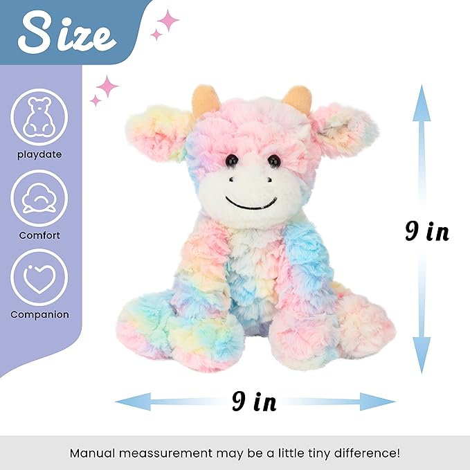 Hopearl Adorable Plush Cow Toy Colorful Floppy Dairy Cattle Soft Stuffed Animal Cute Birthday for Boys Girls Kids Toddlers, Rainbow 9''