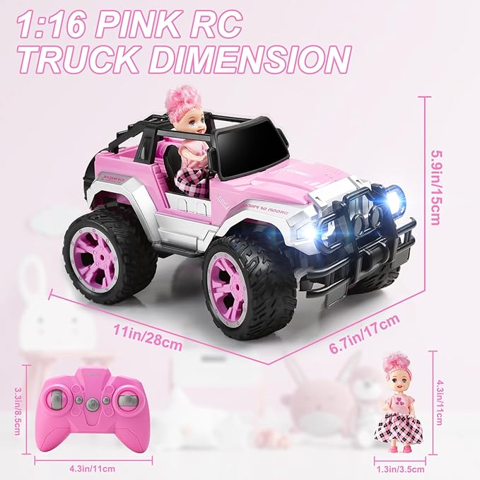 Carox Remote Control Car for Girls, 160 mins Pink RC Car with Doll and Sticker 1:16 Scale 4-12 Years