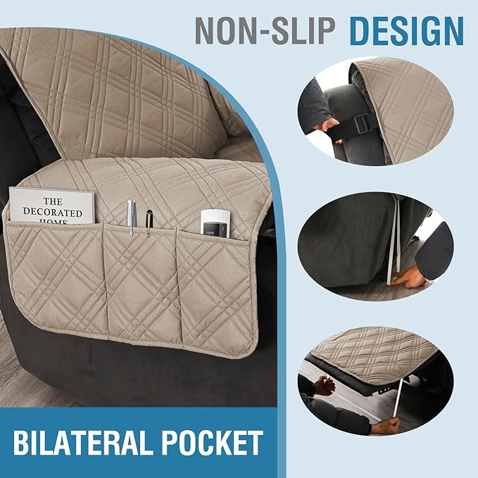 H.VERSAILTEX 100% Waterproof Cover for Recliner Chair 1-Piece Reversible Recliner Covers for Large Recliner with Elastic Straps Sitting Width Up to 28" (Oversized Recliner, Taupe/Beige)