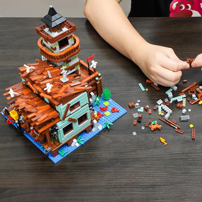 Fishing Village Store House Building Set, 1881 PCS Wood Cabin Mini Building Block Kit 8-14+ Teens