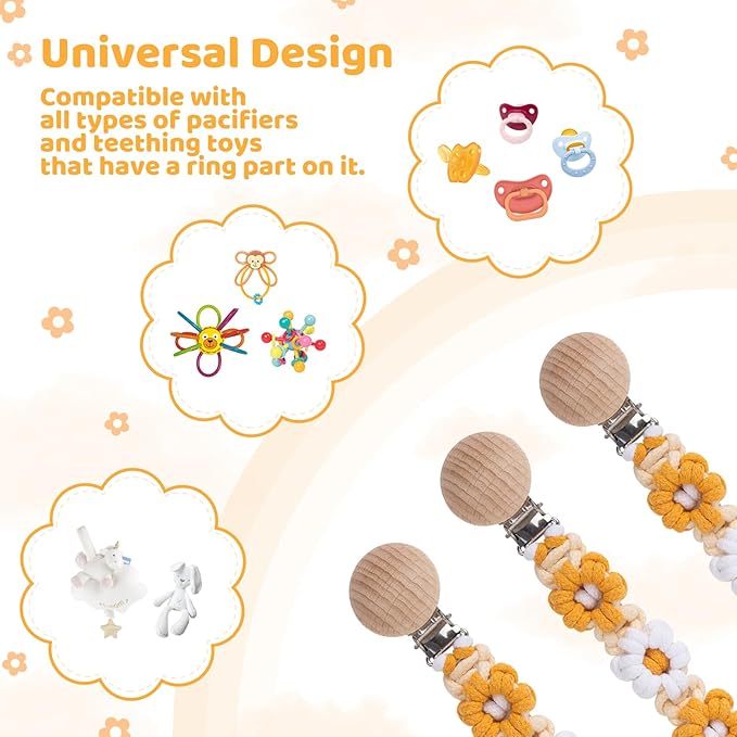 Pacifier Clip for Boys Girls Floral Daisy Macrame Baby Paci (1pack:Yellow Daisy