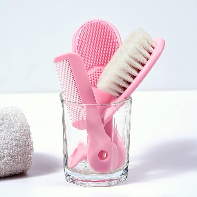 3 Piece Baby Hair Brush and Comb Set for Newborns and Toddlers (Pink)