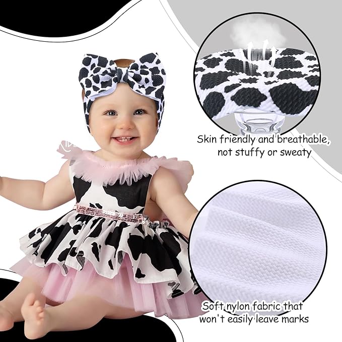 Cow Baby Bows, 3pcs Western Cowgirl Elastic Nylon Headbands for Baby Girls