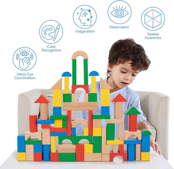 TOOKYLAND 100 Pieces Wooden Building Blocks, Shape Sorting Stacking Toy for Kids with Storage Bucket 1 2 3 Year