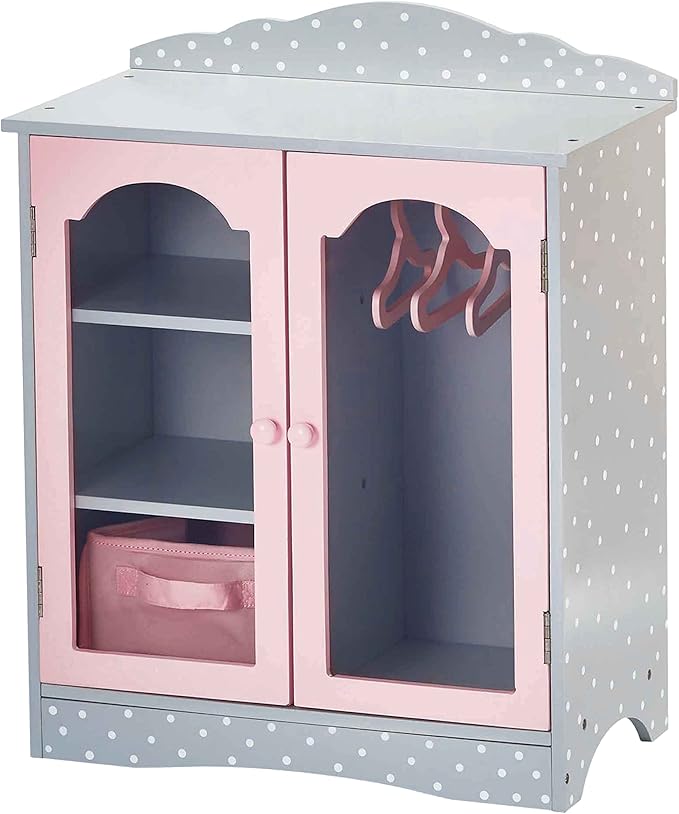 Olivia's Little World Polka Dot Princess Wooden Shaker-Style Double Closet for 18" Doll Wardrobes with Windowed Doors, Three Shelves