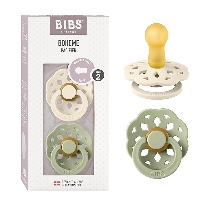 BIBS Pacifiers - Boheme Collection | BPA-Free Baby Pacifier 2 Ivory/Sage 6-18 Months