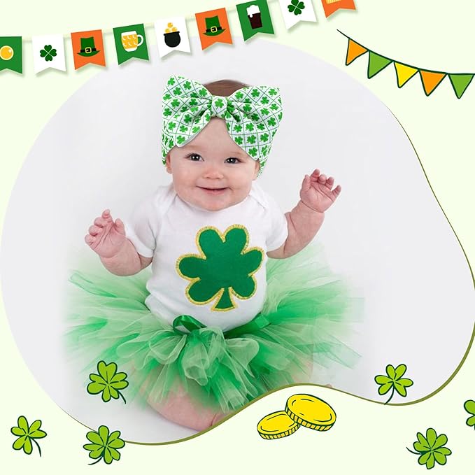 St. Patrick's Day Handmade Elastic Headbands, 3PCS Shamrock Printed Bows