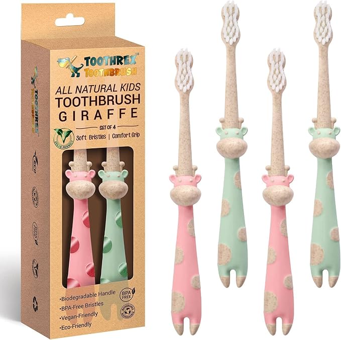 ROARex® All-Natural Eco Friendly Kids Toothbrush Made from Plants - Giraffe 4-36m - Baby to Toddler - Mint/Rose - 4pk | 1% for The Planet Product