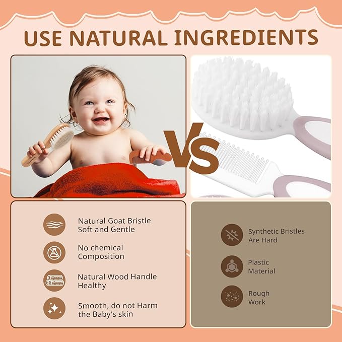 Baby Hair Bush and Comb Set - Wooden Baby Hair Brush Set with Soft Goat Bristle and Baby Comb for Newborns & Toddlers, Ideal for Promotes Healthy Hair Growth, Cradle Cap
