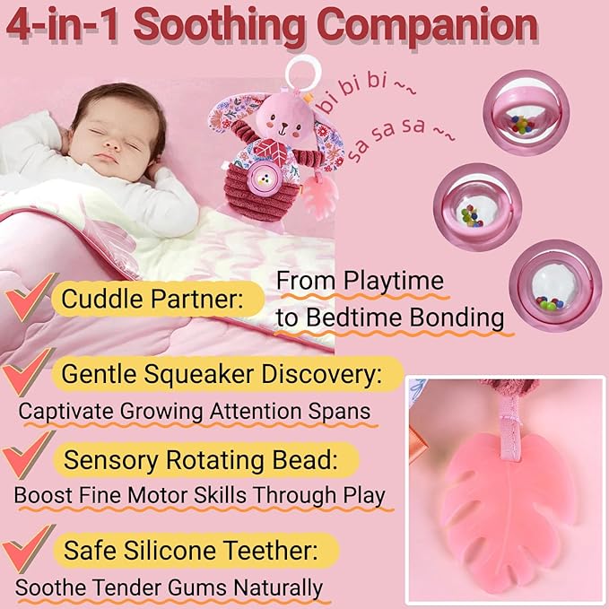 Crib Toys Hanging Baby Stroller Car Seat Toy for Infants 0-3-4-5-6 Months, Newborn Baby Girl Boy Shower Gifts, Sensory Toys with Rattle, Crinkle, Squeaky, Teethers for Babies 6-12 Months