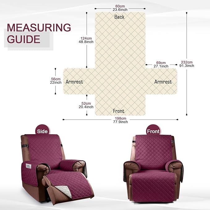 KinCam 100% Waterproof Recliner Chair Cover, Reclining Couch Covers for Pets, Dogs, Recliner Couch Slipcover Furniture Protector with Elastic Straps for Kids(23.6", Burgundy)
