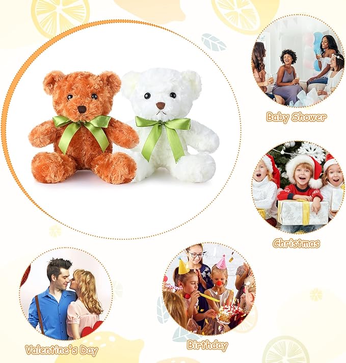 Hungdao 30 Pcs Bear Bulk Plush Stuffed Animals 10 Inch Cute Soft Plush Bears Toys with Ribbon Shaggy Bear for Boys Girls Birthday Baby Shower Decor DIY Gift, White