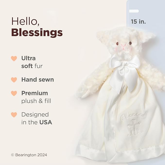 Bearington Baby Blessings Snuggler, 15 Inch White Lamb Plush Stuffed Animal Security Blanket Lovey for Babies