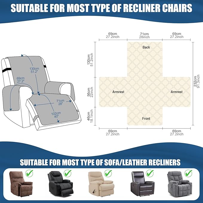 TAOCOCO 100% Waterproof Recliner Covers, Recliner Sofa Covers with Leg Straps, Reversible Recliner Couch Cover for Reclining Chair, Washable Couch Protector for Pets Kids(1 Seater 28", Bluish Gray)
