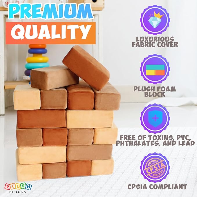 The Original Premium Plush Building Block for Kids - Certified Safe Foam Blocks in Luxuriously Soft Fabric Covers 24 (Desert)