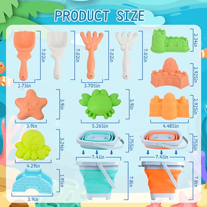 Collapsible Beach Sand Toys for Toddler Sand Toys for Kids 2 Packs Foldable Buckets with Sand Molds,Shovels for Beach 3 4 5 6 7 8+