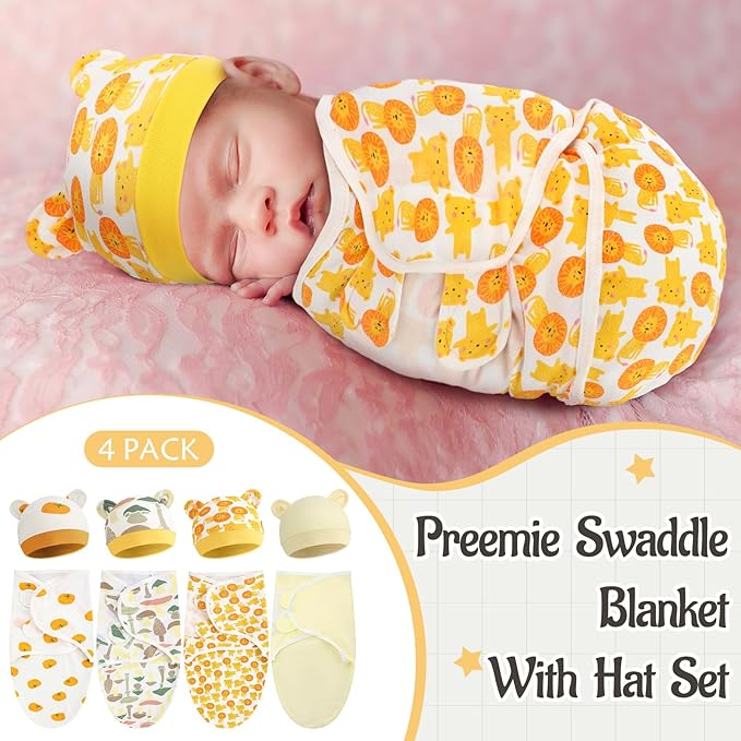 Buryeah 4 Pack Preemie Swaddle Blanket Wrap Set with Hat for Baby Boys Girls 3-7 Lbs Preemie Newborn Clothes Sleepers Cap