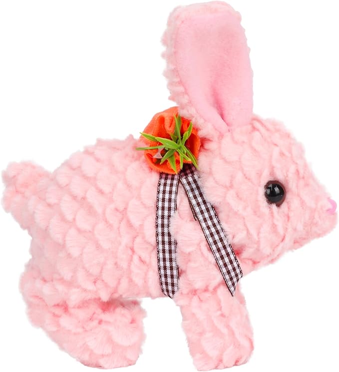 Hopearl Hopping Rabbit with LED Ears Carrot Backpack Interactive Plush Bunny Toy with Sounds Animated Walking Wiggle Light up Ears Twitch Nose Gift for Toddlers, Pink 7''