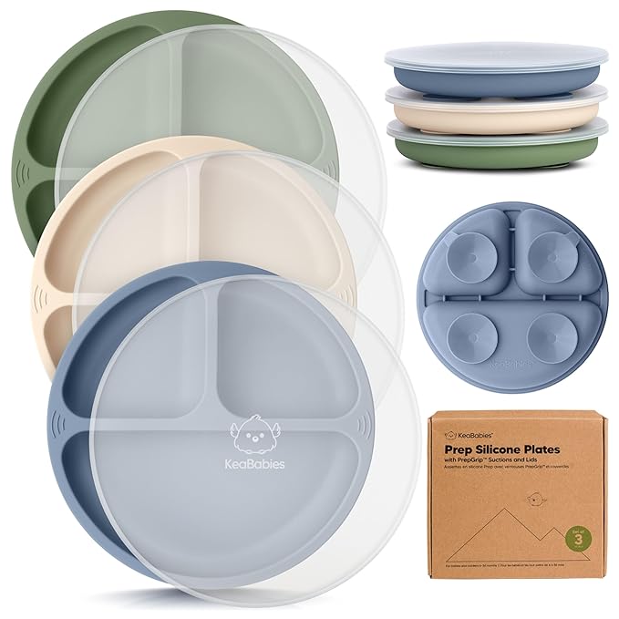 KeaBabies Suction Plates with Lids for Baby - 3-Pack 100% Silicone Suction Plates for Baby, Kids,Toddler Plates,Divided Baby Plates with Suction,Lids, BPA-Free, Microwave, Dishwasher Safe (Slate)