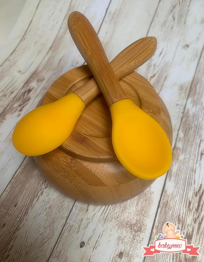 Baby Spoons Bamboo Feeding Spoon 5.5" with Silicone Tip BPA Free Toddler Food Spoons Yellow 2 PACK
