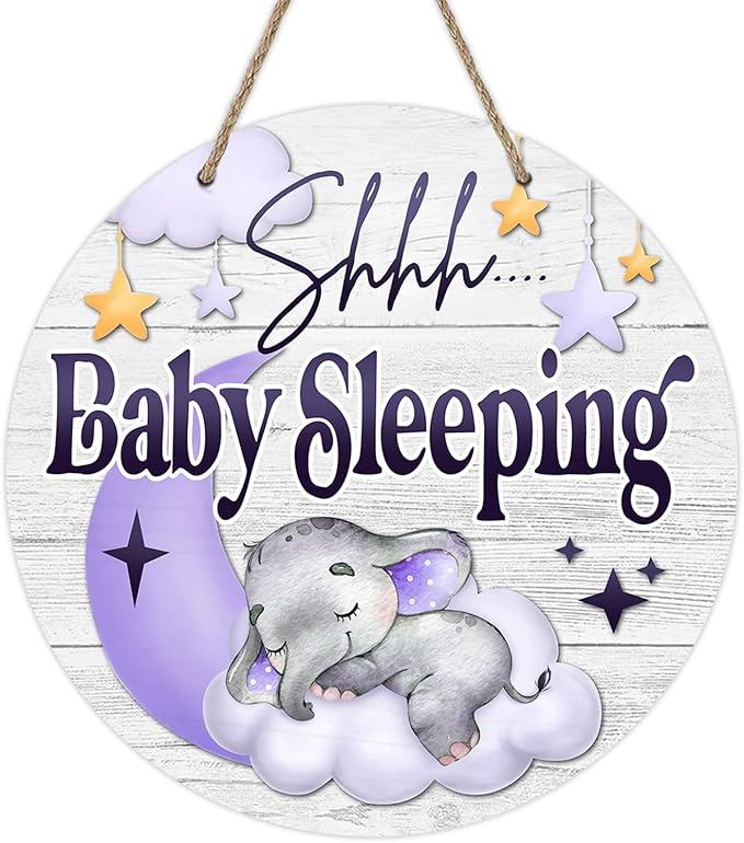 Deroro Shhh Baby Sleeping Front Door Sign, Elephant Purple Moon Cloud Stars Wood Door Hanger Outdoor Porch Nursery Decor