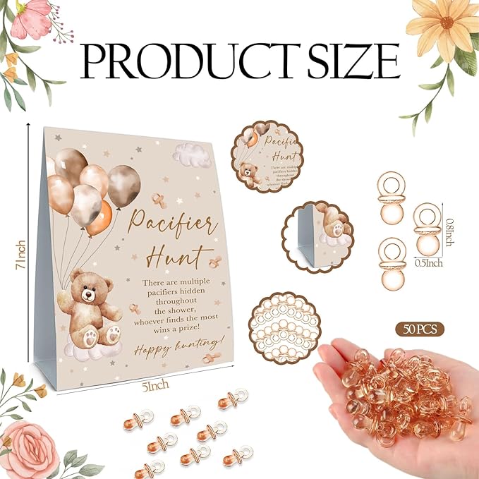 Winnie Pacifier Hunt Baby Shower Game, Pooh Mini Pacifiers Baby Shower Games Set 50Pcs Brown 5 * 7IN