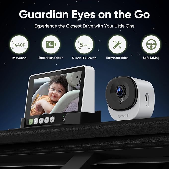 bonoch 5" 1440P Baby Car Camera - 360 Degree Rotating Wide View Backseat Mirror, USB Powered with Charger, Easy Setup Baby Rear Facing Car Seat Camera, Night Vision