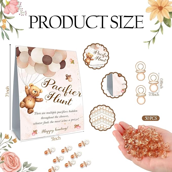 Winnie Pacifier Hunt Sign for Baby Shower Game, Mini Pacifiers Baby Shower Games Set 50Pcs Brown 5 * 7IN