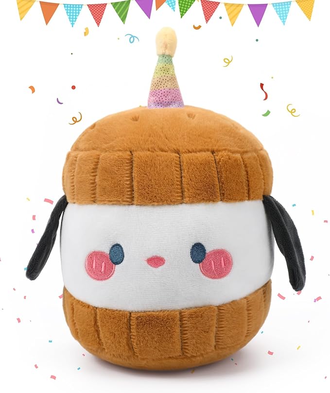 Dog Plush Birthday Stuffed Animal - Birthday Cake Stuffed Doll, Cute Sandwich Dog with Glowing Candle, Party Decorations, Kids' Gifts, 11 Inch