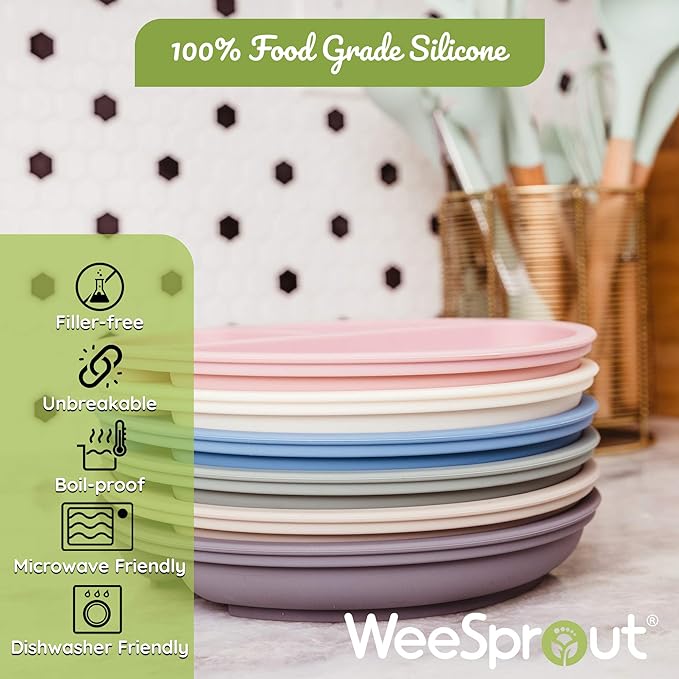 WeeSprout Suction Plates with Lids for Babies & Toddlers - 100% Silicone, Dinnerware Stays Put, Divided Design for Picky Eaters, Microwave & Dishwasher Friendly, 3 Pack