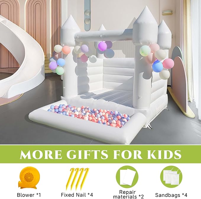 White Bounce House with Ball Pit 10x8x8 FT Inflatable Indoor 3-12,PVC White