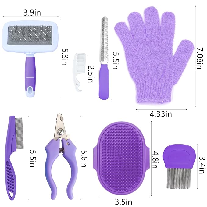 VCZONE 8 Pcs Small Animal Pink Grooming Kit, Rabbit Grooming Kit with Pet Nail Clipper and File, Flea Comb, Pet Shampoo Bath Brush , Pet Shedding Slicker Brush, Bath Massage Glove, Cleaning Comb