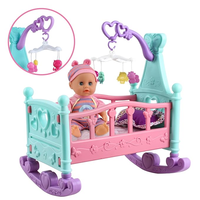 deAO 12” Baby Doll Play Set with Crib, Mobile 21 PCS
