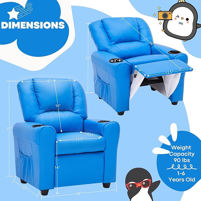 JC HOME Candy Kids Reclining Chair Leather Recliner Sofa Toddler Youth Children Child Ages 1-6