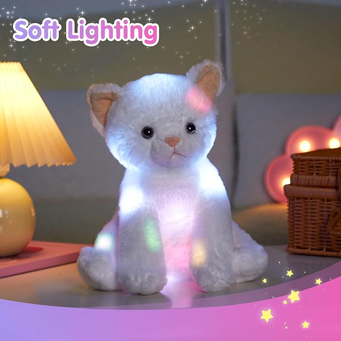 Houwsbaby Light up Cat Stuffed Animal LED Glowing Kitty Plush Toy Floppy Kitten Toy Night Lights Birthday Presents for Kids Toddler Girls, White 12''