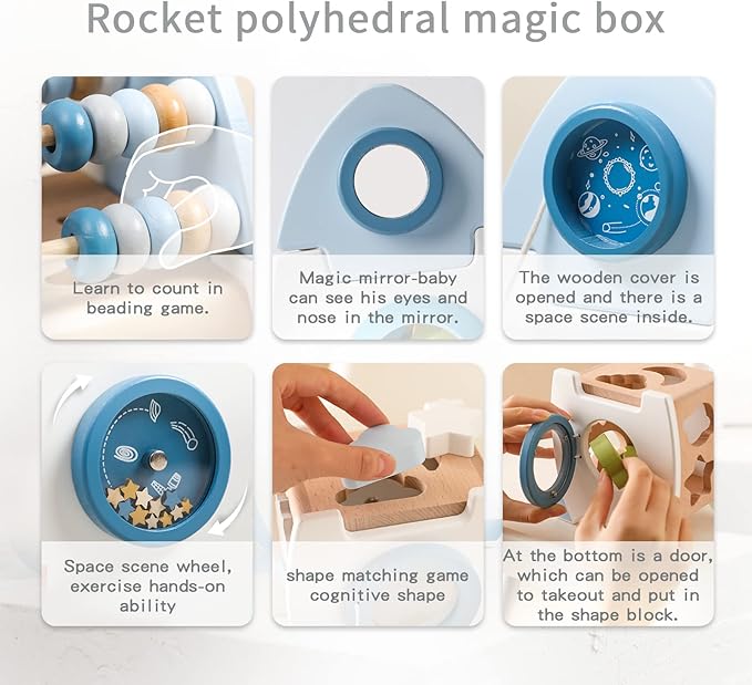 ibwaae Wooden Rocket Activity Cube, Space Busy Board Toys 5 in 1 Shape