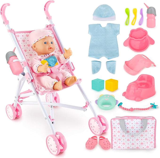 deAO Baby Doll Stroller Set with 13 inch Doll,Kids Play Stroller Toys 13" Baby Stroller,18 PCS 2 Sets