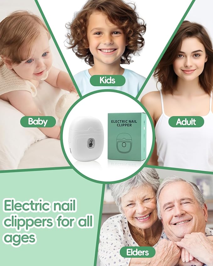 Electric Baby Nail Clipper, Automatic Nail Trimmer with Nail Clip Storage LED Light 2-Speed Rechargeable Safety Fingernail Cutter for Seniors, Adults, Children/Kids, Elders, Women/Men-White