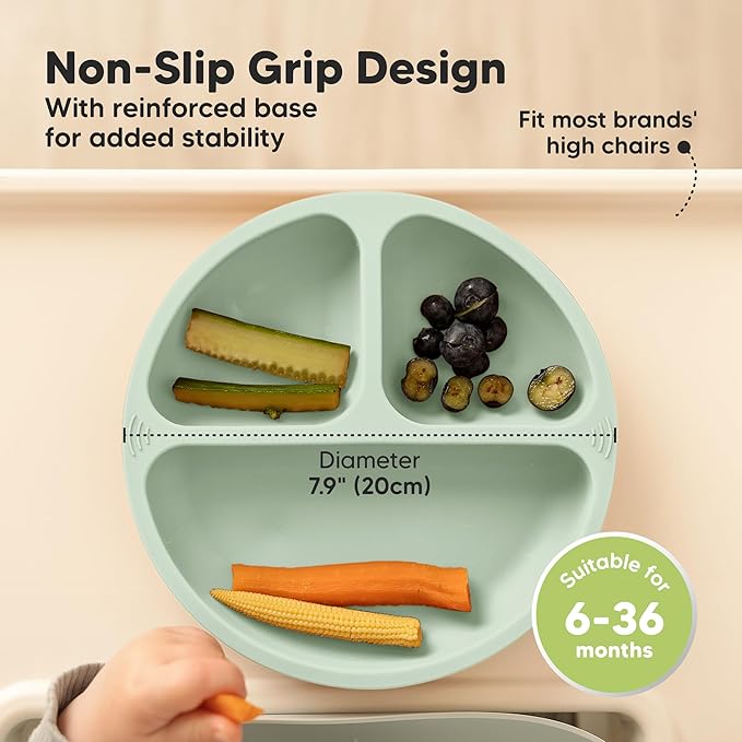 KeaBabies Suction Plates for Baby, Toddler - 3-Pack 100% Silicone Toddler Plates, Divided Baby Plates with Suction, Silicone Plates for Baby, Kids, BPA-Free, Microwave, Dishwasher Safe (Marsh)