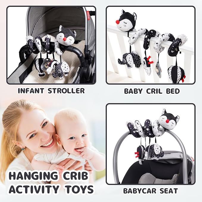 Koty Car Seat Toys, Infant Baby Spiral Plush Activity Hanging Toy for Stroller Bar Pram Crib with Music Box BB Squeaker & Rattles(Black Fox)