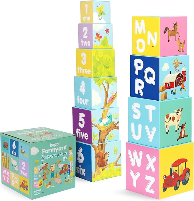 Baby Stacking Blocks Farmyard Animal Toys with Letters and Numbers, Montessori Cubes for Toddlers