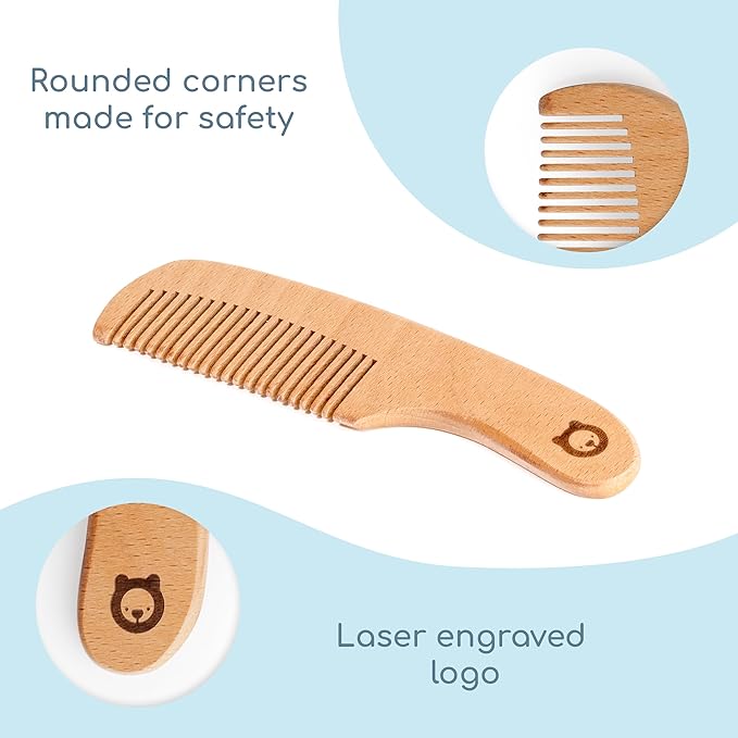 Wooden Hair Brush & Comb Set for Newborns & Toddlers - Ultra Soft Natural Goat Hair and Wood - Chic Gift Box (Oval Brush + Comb)