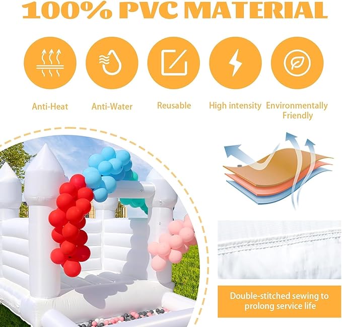 King Inflatable White Bounce House Castle with Ball Pit&Air Blower, White Jumper Bouncy Castle Wedding Decorations Jumping Bed for Party 8' x 10' x 8'